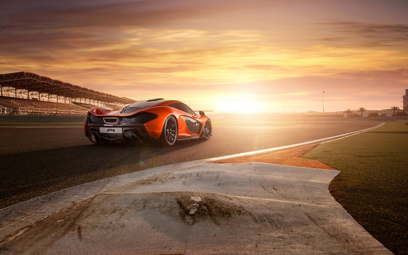 outdoors, sky, McLaren, land vehicle, landscape, cloud - sky, transportation, McLaren P1, sunset, orange color, sunlight, speed, no people, mode of transportation