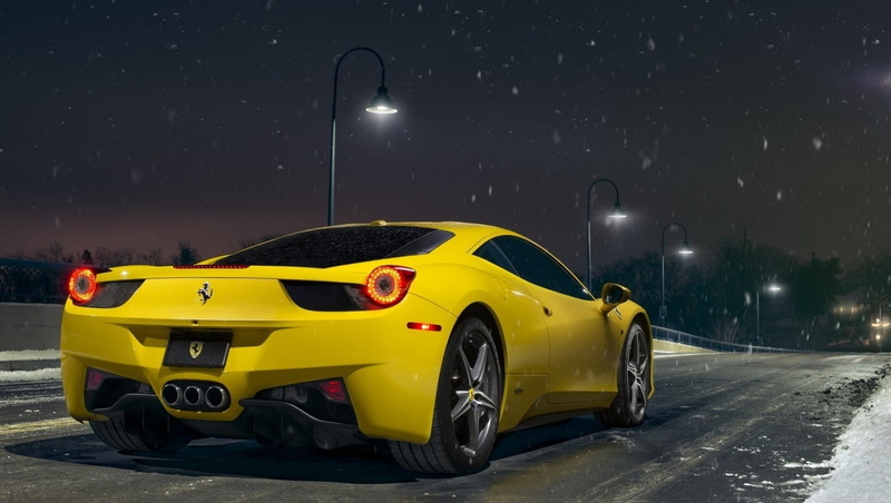 snowing, land vehicle, Ferrari, sports car, mode of transportation, motor vehicle, taxi, city, headlight, 720P, illuminated, lighting equipment, road