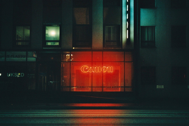 script, outdoors, neon lights, city, information sign, information, sign, communication, lighting equipment, Canon, built structure, night, text, no people