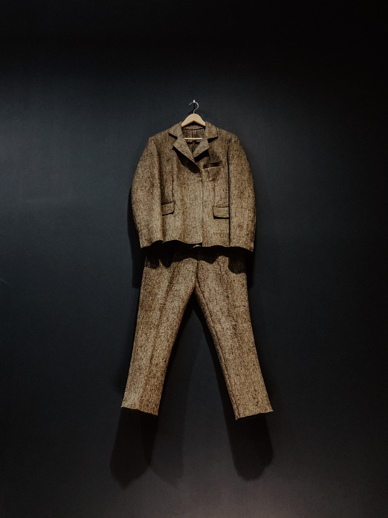 female, cut out, human, pants, wood, face, hanging, floor, human representation, single object, overcoat, wood - material, male likeness, representation