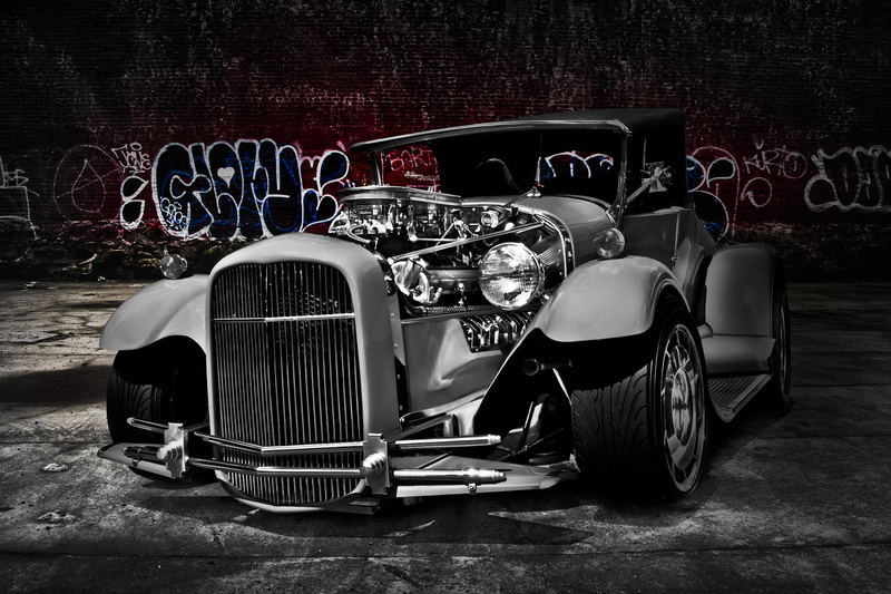 classic, stationary, wall - building feature, transportation, rod, outdoors, hot rod, retro, silver, day, vintage car, 1080P, built structure, vintage