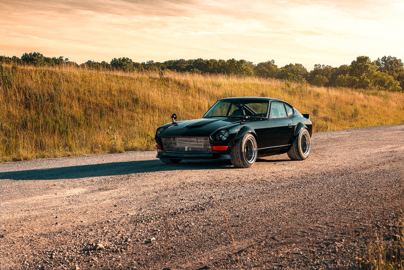 grass, classic car, black cars, Sunny, 1080P, taped headlights, tuning, gravel, sunrise, green cars, Nissan S30, old car, vehicle, Japanese cars, Datsun