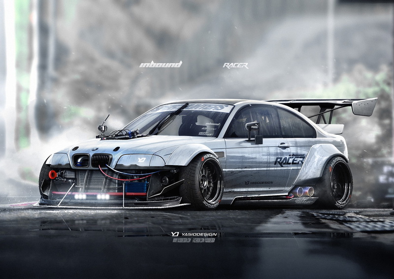 motor vehicle, transportation, car yasiddesign render artwork bmw bmw m3 e46 bmw e46 race cars, speed, day, rain, wet, land vehicle, 1080P, mode of transportation