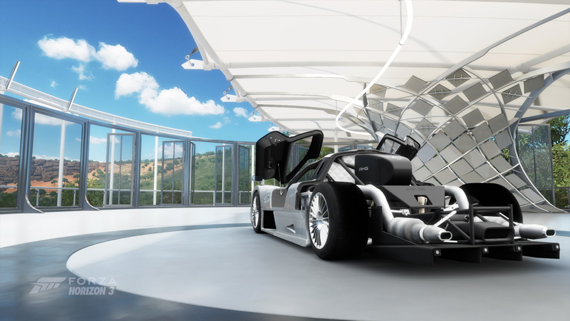 forza horizon 3, reflection, day, architecture, outdoors, metal, nature, modern, cloud - sky, building exterior, travel, no people, land vehicle, sunlight