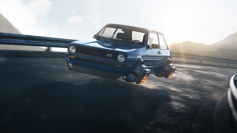 Volkswagen, flying car, science fiction, vehicle, Golf Mk1, Guilherme Moura, artwork, 1080P, CGI, digital art, car