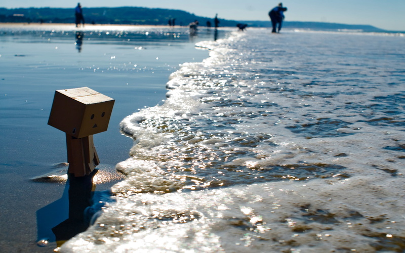 water, danboard, day, sunlight, cold temperature, scenics - nature, coastline, land, summer, danbo, sea, nature, waters Edge, no People, cardboard robot