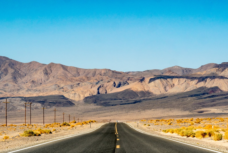 no people, sky, blue, tranquil scene, climate, nature, the way forward, asphalt, desert, tranquility, non-urban scene, 4K, clear sky, direction, environment
