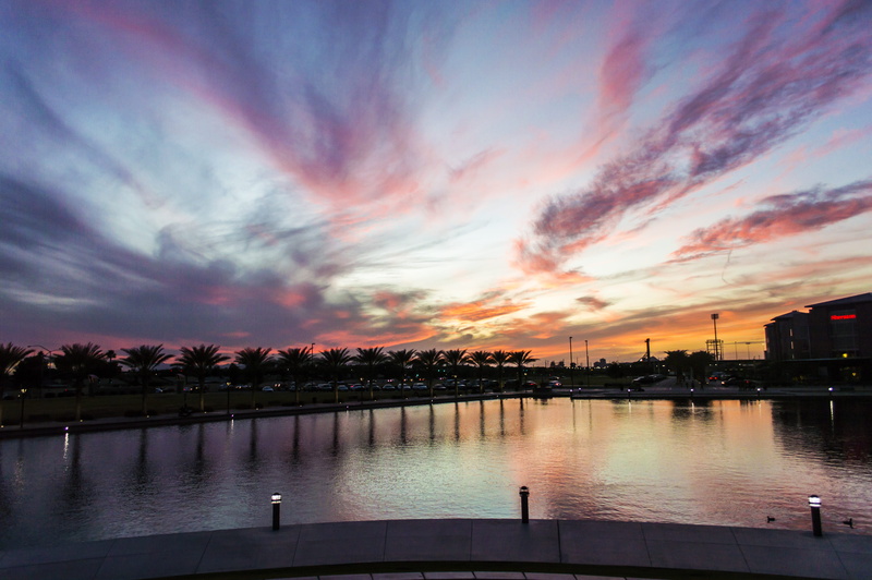 building exterior, sunset, reflection, no people, water, 5K, park, mesa riverview, dramatic sky, cloud - sky, clouds, beauty in nature, outdoors, built structure