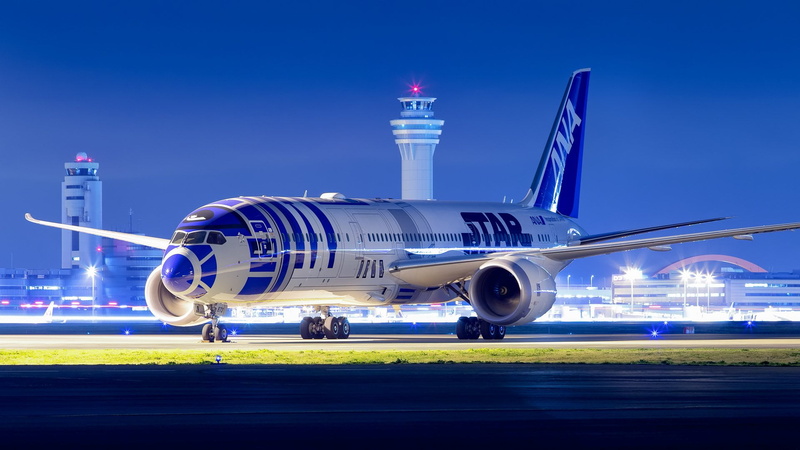 airplane, night, wings, Boeing 787, aircraft, Star Wars, photography, 1080P, airport, lights, Boeing, transport, passenger aircraft