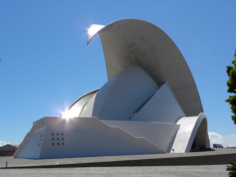 perspective, sky, urban, sun, Tenerife, lens flare, construction, auditorio de tenerife, santa cruz of tenerife, 1080P, no people, architecture, low angle view