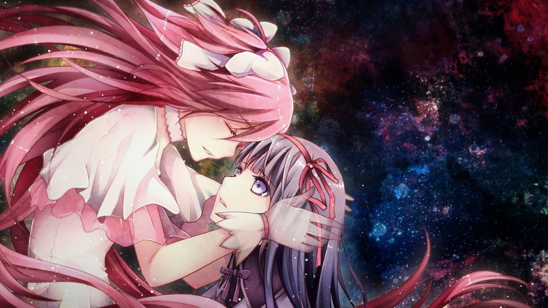 madoka, pink, hair, Blue Eyes, shoujo, lesbians, eyes, kaname, pink hair, kissing, art, mahou, homura, 720P, Mahou Shoujo Madoka Magica, Kaname Madoka