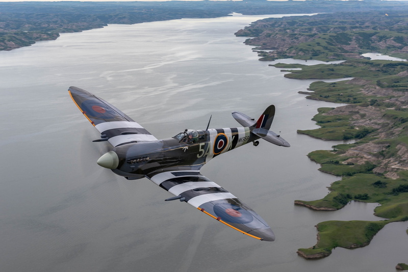 flight, lake, North Dakota, panorama, Spitfire Mk IX, 1080P, British fighter, The second world war, Lake Sakakawea