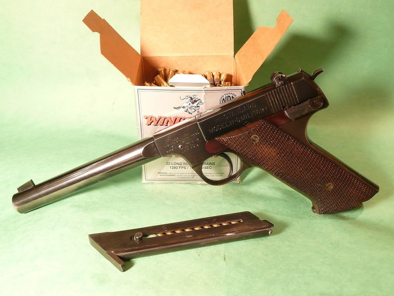 high standard hd pistol, history, nostalgia, studio shot, white background, weapon, directly above, indoors, wood - material, still life, scissors, group of objects