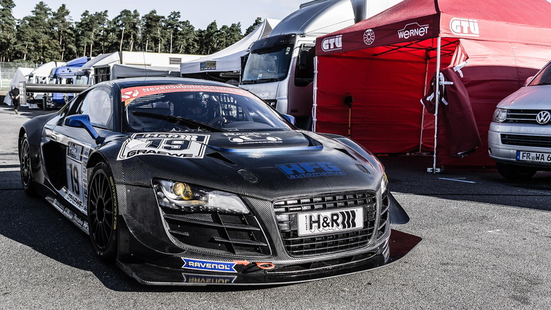 text, land vehicle, mode of transportation, car, motor vehicle, red, stationary, 1080P, parking lot, Audi R8 GT3, parking, truck, retail, no people, transportation