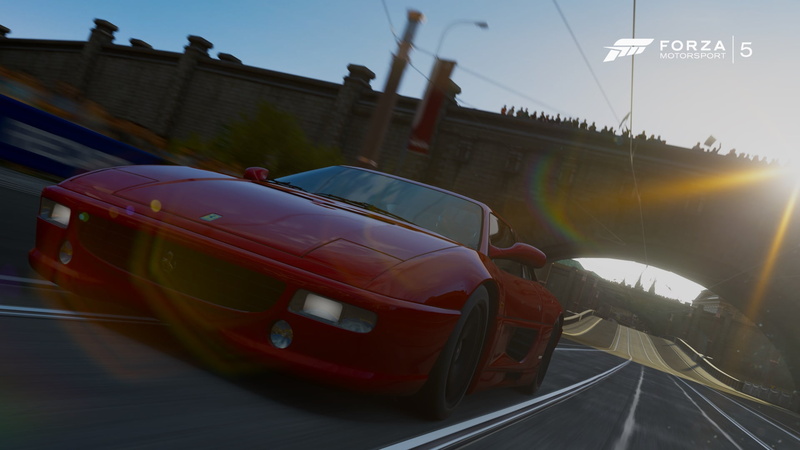 Forza Motorsport 5, day, transportation, sunlight, motor vehicle, video games, Ferrari 355, red, sky, street, outdoors, coupe, architecture, nature, Forza Motorsport