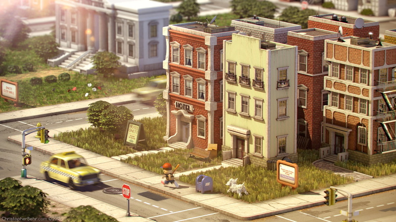 residential district, outdoors, tree, car, building, 1080P, city street, road, motor vehicle, mode of transportation, plant, high angle view, digital art 3d earthbound fan art video games building house street car sunlight trees stop traffic lights dog taxi baseball grass hotel