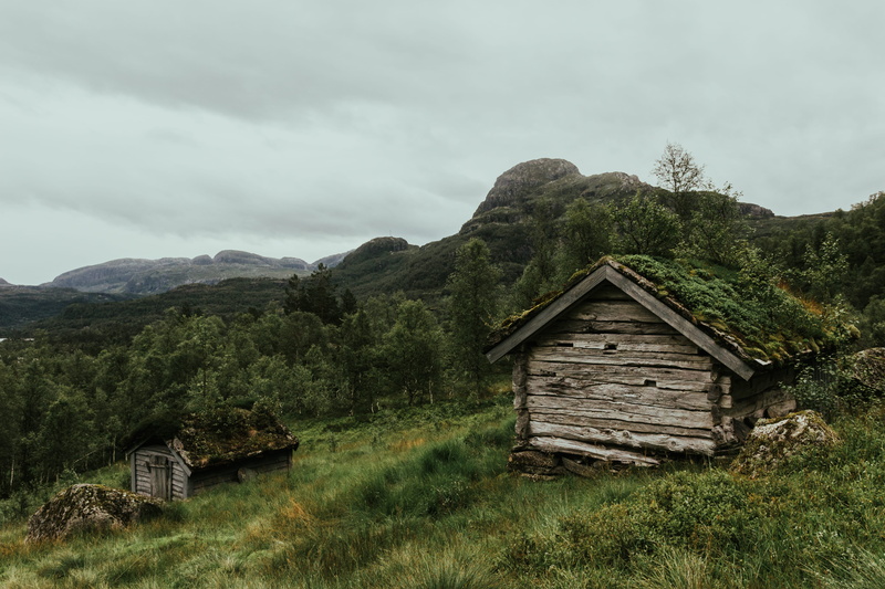 gray, cloud, cottage, outdoors, no people, plants, house, beauty in nature, green, architecture, building, two, land, tress, 5K, norway, building exterior
