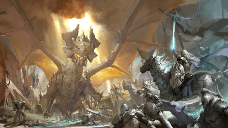 1080P, fire-breathing dragon, knights, armor, banner, rider, glowing, Dragon quest, the battle, battle, cruise, sword