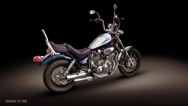 black background, Yamaha XV1100, Yamaha, indoors, full length, retro styled, motorcycle, wealth, studio shot, chrome, speed, side view, silver colored