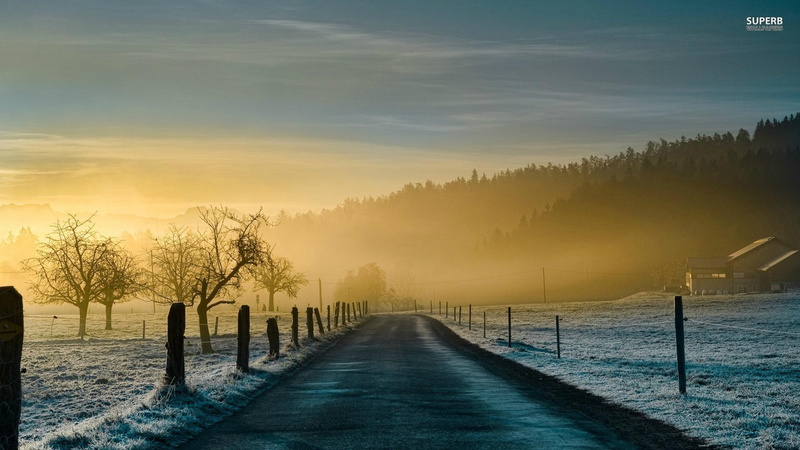 field, mist, winter, road, farm, morning, 1080P, open, grey, country, fence, nature and landscapes