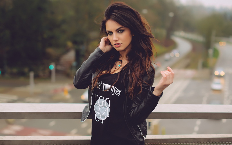 brunette, blue eyes, open mouth, 2K, leather jackets, long hair, road, women, women outdoors, Aurela Skandaj, model