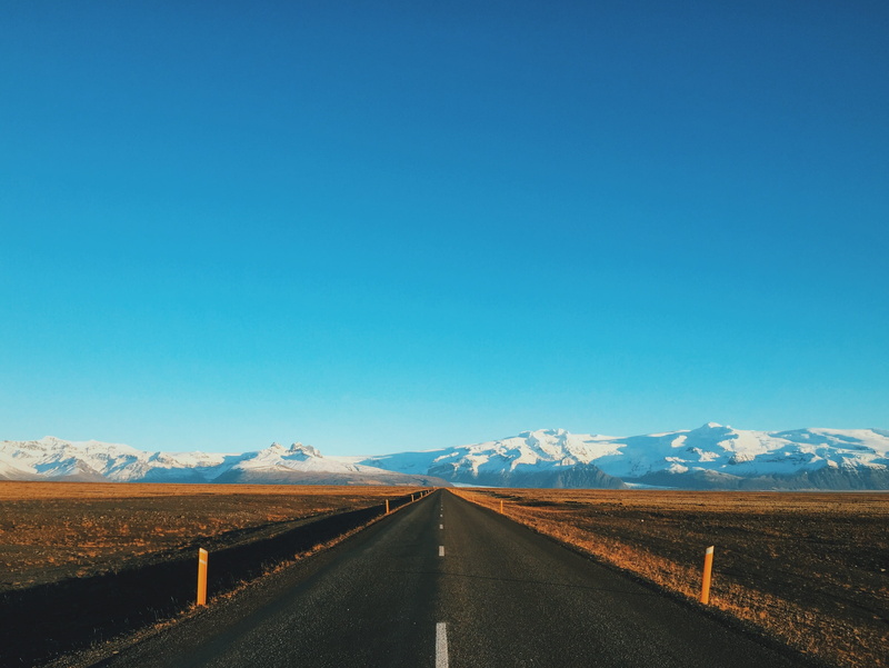 sky, iceland, road, clear sky, scenics - nature, vanishing point, transportation, nature, ring road, mountains, 2K, diminishing perspective, tranquil scene