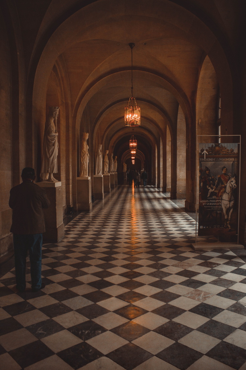 pattern, indoors, arcade, flooring, building, architecture, tile, 4K, lighting equipment, rear view, arch, men, corridor, brown, checked pattern, direction