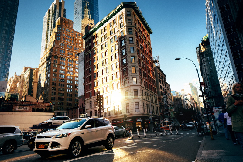 sky, outdoors, architecture, cityscape, office building exterior, ny, building, 5K, building exterior, lights, corner, land vehicle, usa, traffic, office