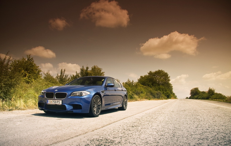 road, m, BMW, sky, F10, 1080P, clouds, sedan, M5, f, blue