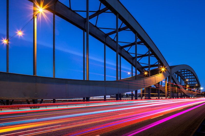 motion, bridge, transportation, road, 1080P, dusk, traffic, no people, illuminated, Hamburg, light trails, vehicle light, pink, light, tail light, speed
