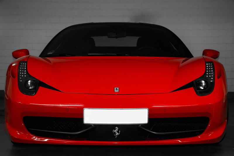 car, mode of transportation, shiny, Ferrari, stationary, wheel, red, Ferrari 458, glass - material, 5K, close-up, convertible, modern, indoors, no people