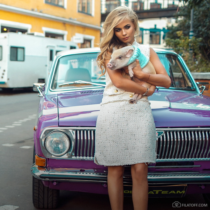 animals, 720P, women, eyeliner, model, Dmitry Filatov, pigs, Vintage car, women with cars