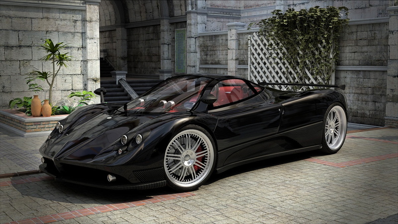 black color, built structure, day, 1080P, building exterior, vehicle, render, wheel, stationary, land vehicle, digital art, Pagani Zonda, luxury, plant