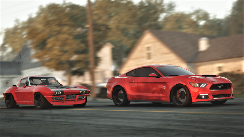 no people, land vehicle, mode of transportation, sport, 2K, outdoors, toy, motor vehicle, red, speed, sports race, Ford Mustang GT, day, on the move, Chevrolet Corvette