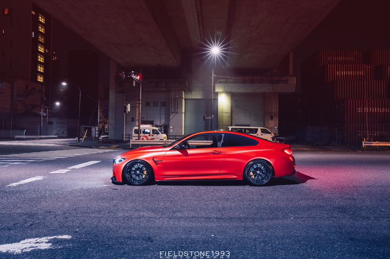1080P, building exterior, architecture, night, city street, car, transportation, road, illuminated, motor vehicle, vehicle, BMW M4, on the move, built structure