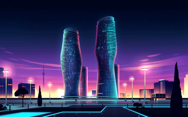 Absolute World Towers, Ontario, Skyscrapers, Neon, Canada, 2K, Mississauga