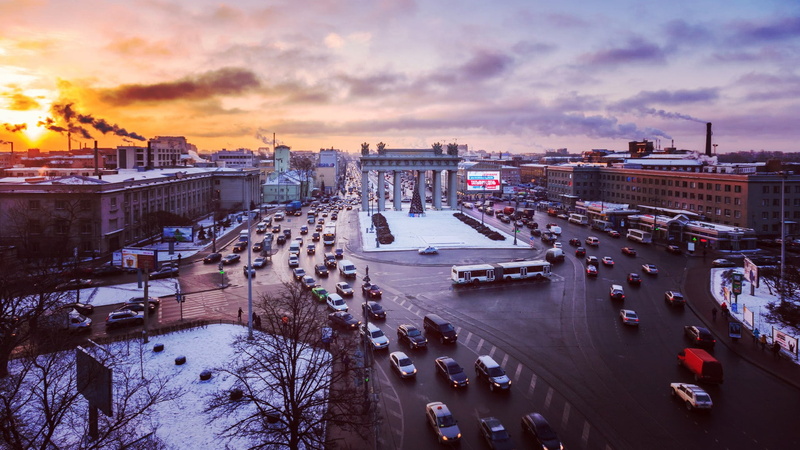 cloud - sky, cityscape, high angle view, traffic, Moscow Triumphal Gate, St. Petersburg, no people, city street, travel destinations, mode of transportation
