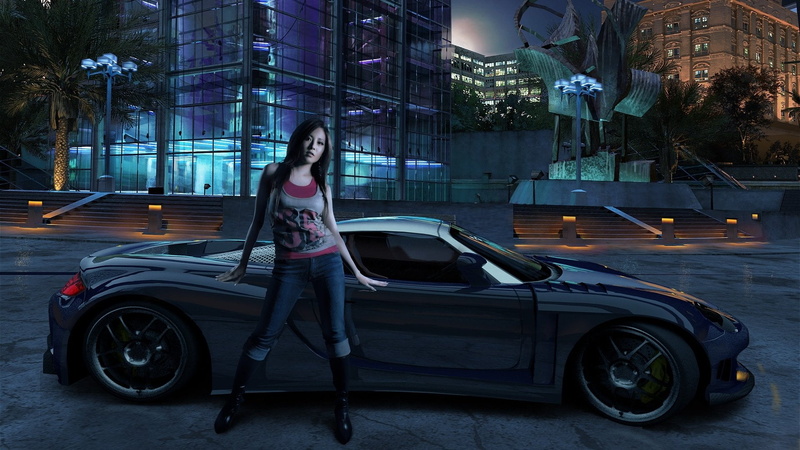 motor vehicle, one person, front view, beautiful woman, architecture, Building, transportation, building exterior, Need For Speed, 1080P, built structure