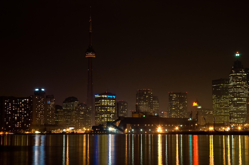 toronto, lighting, canada, buildings, animals, 1080P, architecture, bank, night, city, skyline, colourful, water