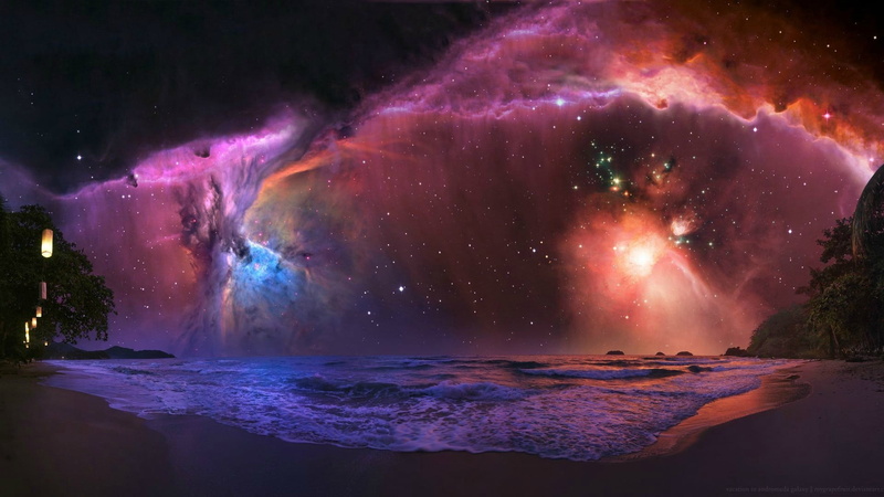 outdoors, star - space, beauty in nature, pink, sky, space, milky way, rock, digital, nature, rock - object, land, night, galaxy, water, purple