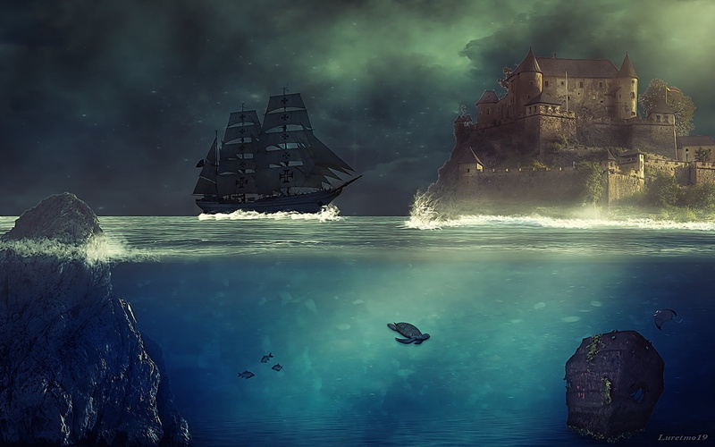 ship, castle, waterfront, water, sailboat, winter, night, reflection, near, built structure, 1080P, sky, digital composite, outdoors, building exterior