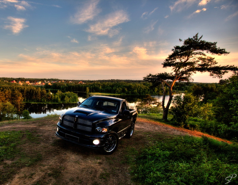 mode of Transport, water, red, autumn, driving, scenics - nature, 720P, summer, day, dusk, Landscape, old, Black, land, Dodge, pickup, no People, sunlight