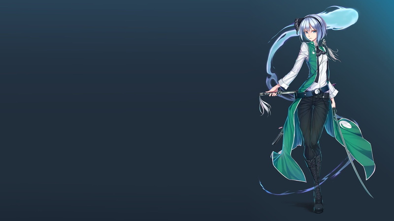 black background, looking at viewer, Touhou, adult, copy space, katana, 1080P, anime girls, sword, white shirt, side view, dress, beauty, elegance, studio shot