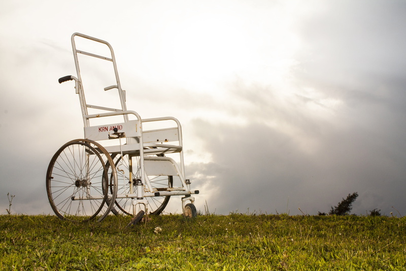 fog, outdoors, running, gray, old, 4K, day, land vehicle, framing, bicycle, broken, old age, design, hard, travel, crippled, leg, wheelchair, sky, medical