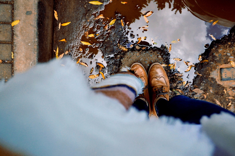 water, rain, puddle, tan, dapper, focus on background, low section, male, leaves, explore, outdoors, adult, built structure, city, architecture, leather