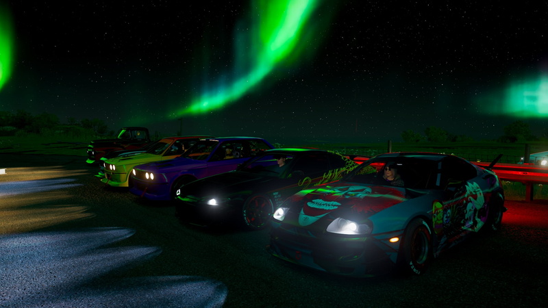 Drifting, Forza, 1080P, night, aurorae, Bmw E30 m3, Forza Horizon 4, car meets, BMW