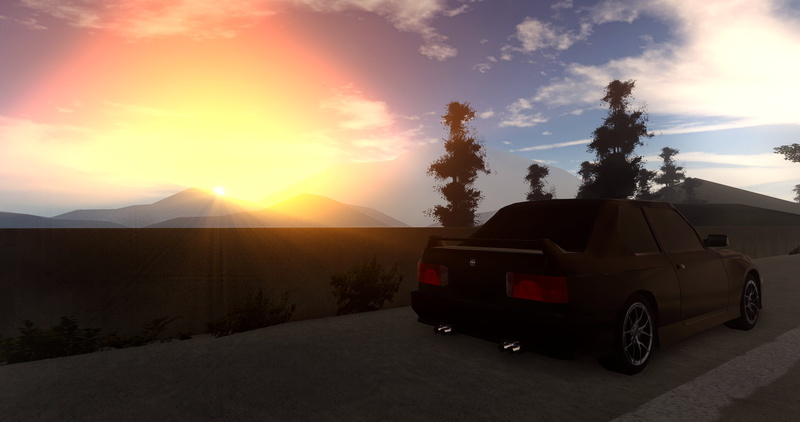trees, highway, sunset, 2K, mountains, Pacifico (Roblox Game), Bmw E30 m3, Roblox, clouds, traffic barrier