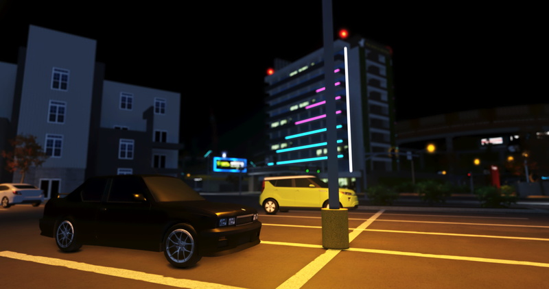 Roblox, street light, Bmw E30 m3, neon glow, Pacifico (Roblox Game), 2K, parking lot, hotel, Kia