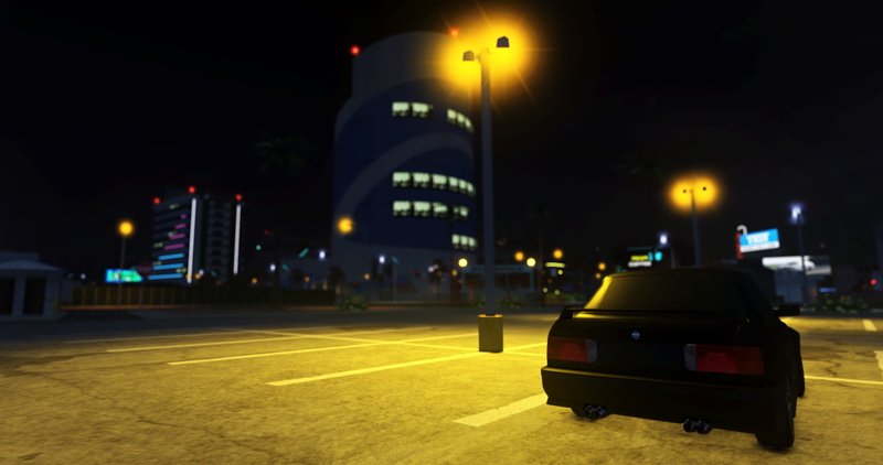Bmw E30 m3, building, Pacifico (Roblox Game), 2K, Roblox, street light, parking lot, reflection, skyscraper