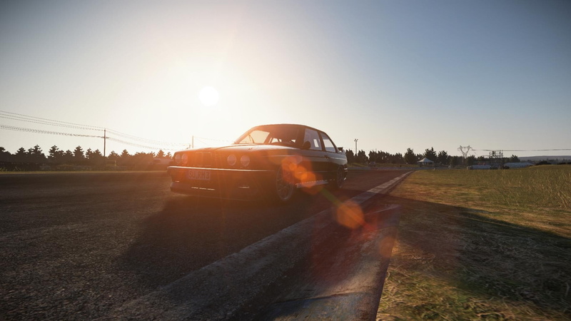 motor vehicle, sunny, sunlight, sky, bright, sunset, back lit, sunbeam, motion, copy space, sun, clear sky, mode of transportation, 1080P, project cars bmw m3 e30 raupuna park